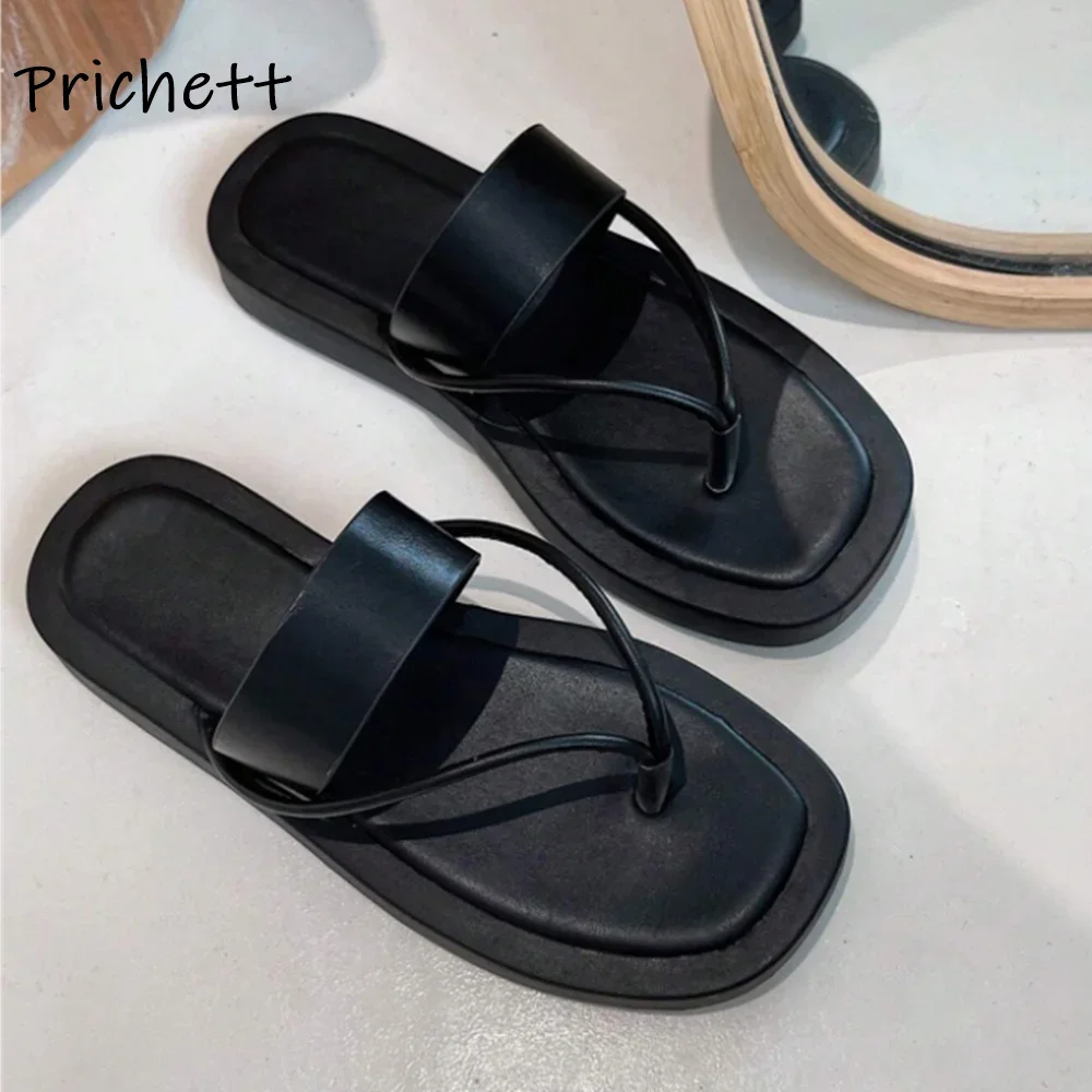 

Flip Flops Thick Soled Slippers Straight Strap Solid Round Toe Leisure Shoes Summer All Match Concise Fashion Roman Shoes