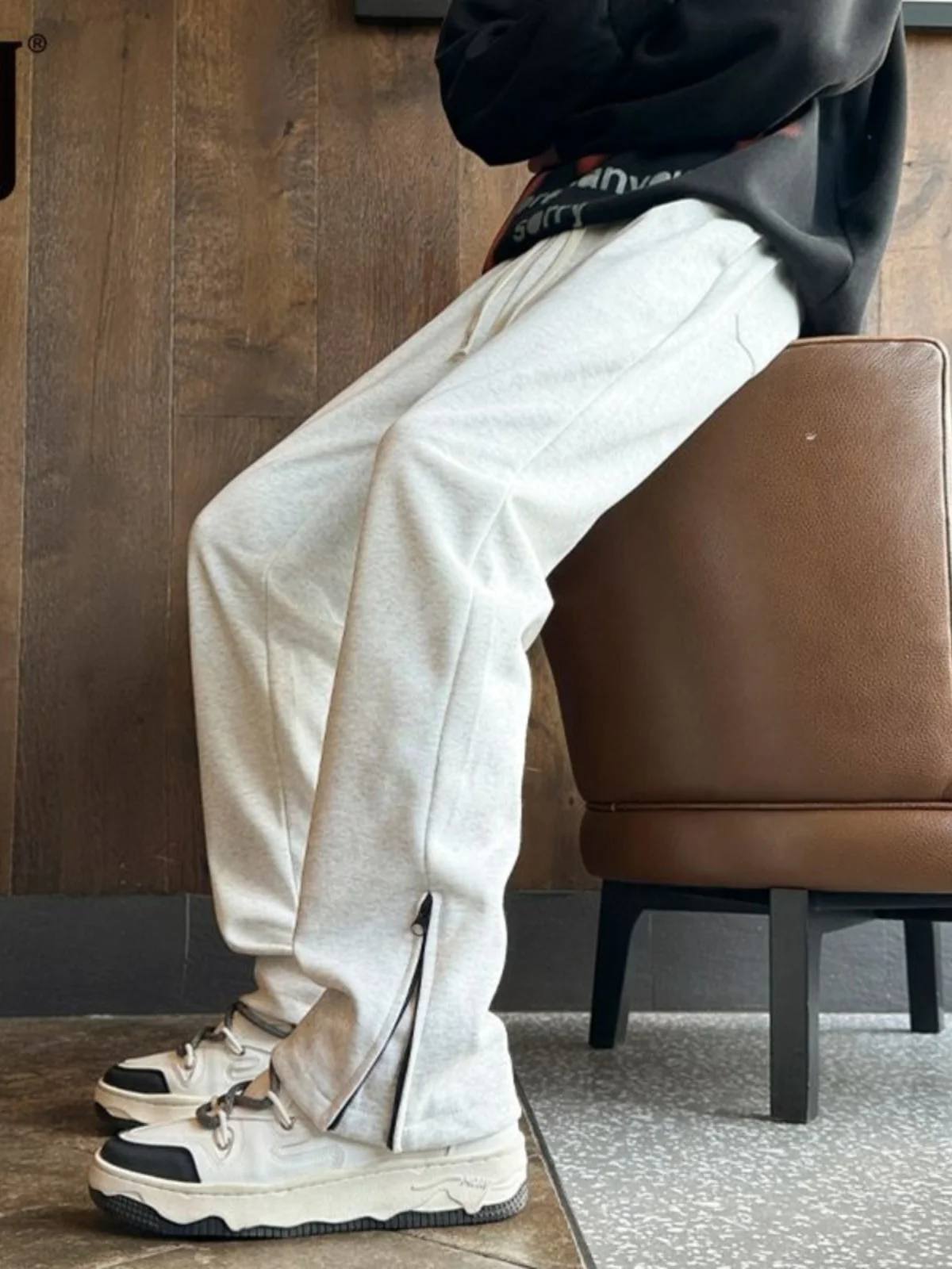

Men's Straight Leg Casual Trousers Autumn Winter Heavyweight American Style Zippered Cuff Drawstring Long Pants