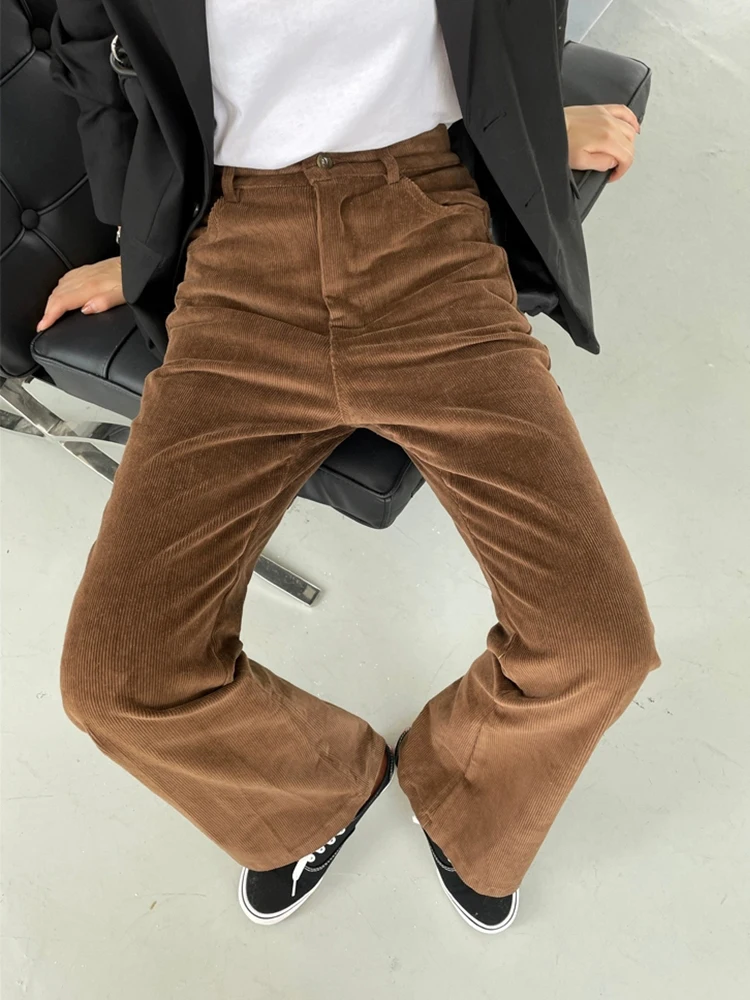 Spodnie damskie PBAP Retro Corduroy Solid Bootcut, dopasowane, elastyczne, długie spodnie z wysokim stanem, dzwony, eleganckie do biura, codzienne ubrania.