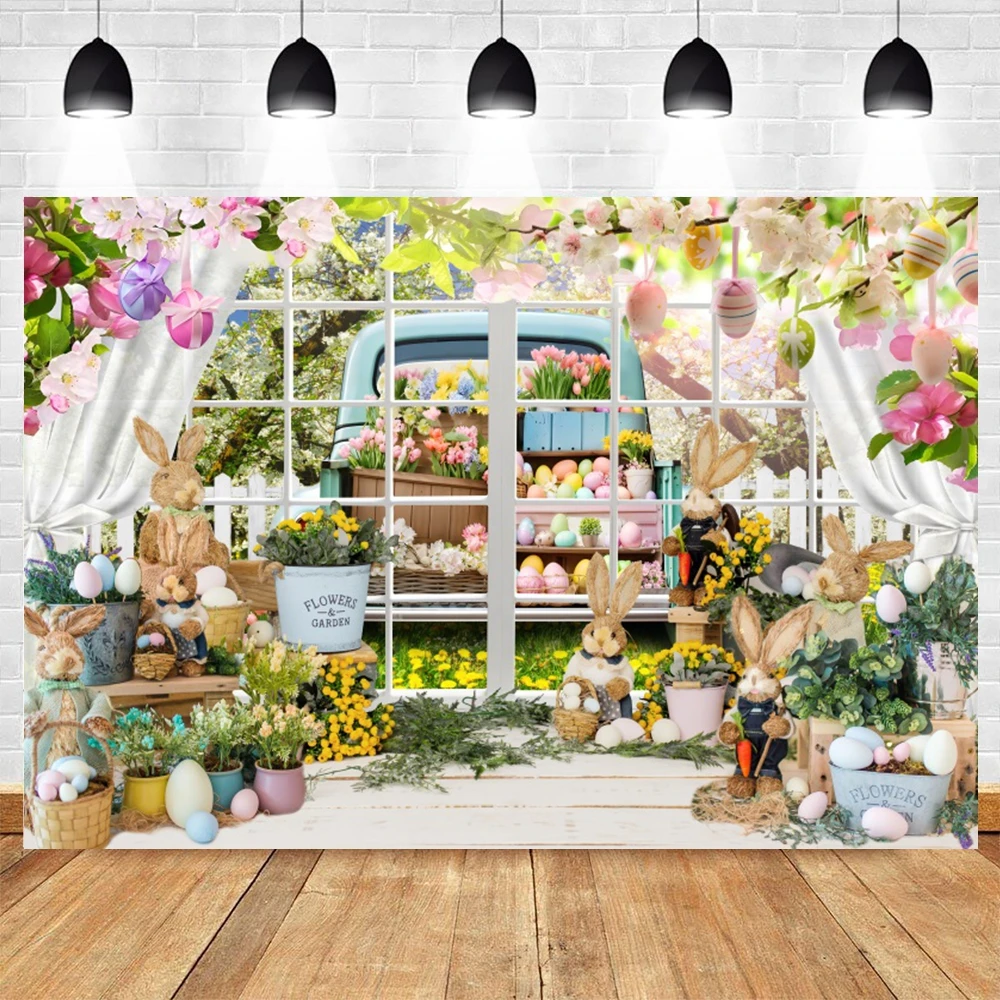 Spring Easter Photography Backdrop Green Grass Rabbit Eggs Bunny Truck Flower Easter Kids Baby Birthday Background Photo Studio