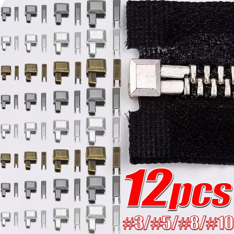 

12pcs/set Metal Zipper Head Sliders Retainer Insertion Pin Zipper Top Stopper Ends for Coat Jacket Clothes Repair Kit Bag Decora