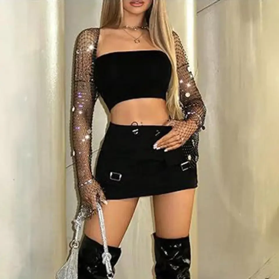 

Mesh Fishnet Top Women Women's Sequins Rhinestone Shrug Bolero Long Sleeve Mesh Fishnet Cover Up Glitter Sheer Festival Crop Top