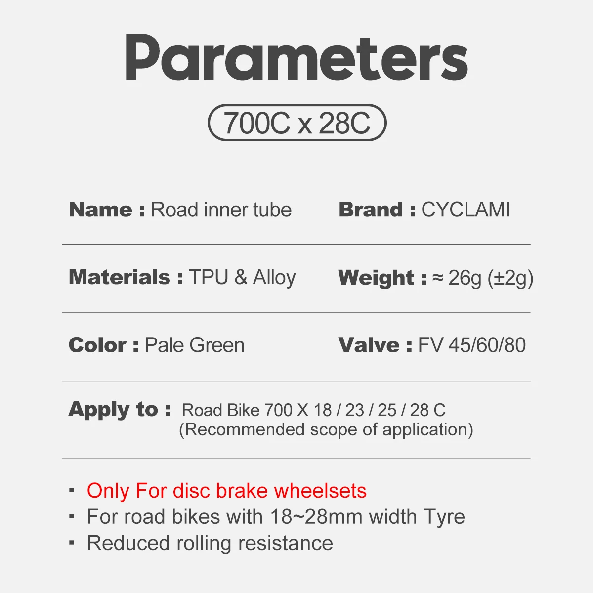 ท่อด้านใน TPU จักรยานเบามาก Cyclami 700C 700 X18 32ยางทีพียูความยาว45มม. 60มม. เบามากวาล์วฝรั่งเศส