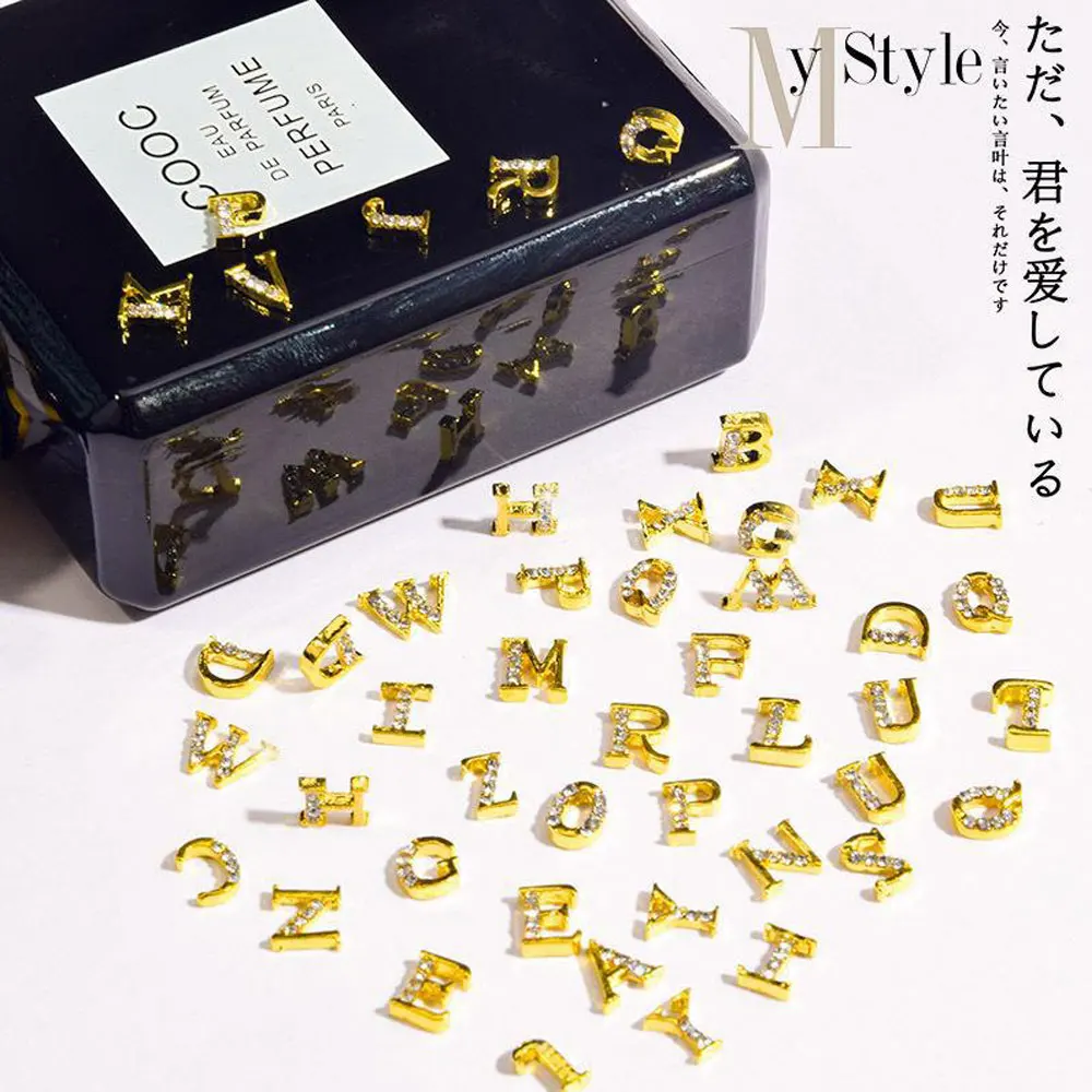 10/26pcs Bright Gold English Letter Nail Art Charm 3D Alloy Studded Letters Nail Decor Parts DIY Japanese LZ Nail Accessories