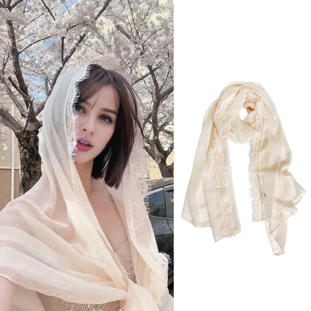

Fashion Solid Color Lace Splicing Scarf Lace Trimmed Thin Chiffon Scarf Sun Protection Breathable Beach Shawl Wraps