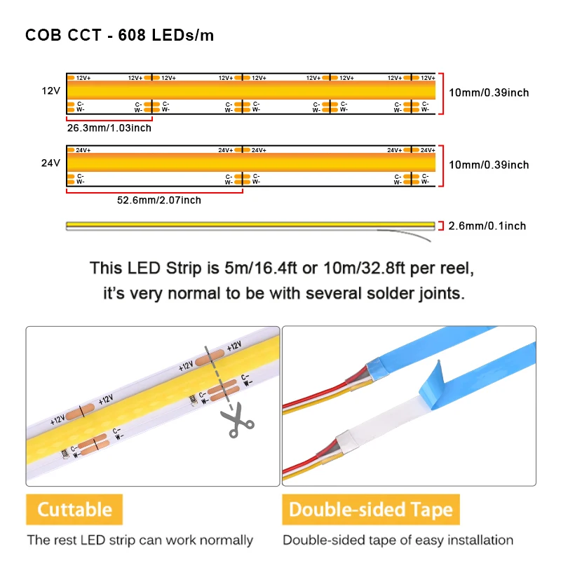 Bande lumineuse LED COB CCT, 2700K à 6500K, variable, 608 LED/m, Flexible, RA90, variable, FOB, linéaire, DC12V 24V