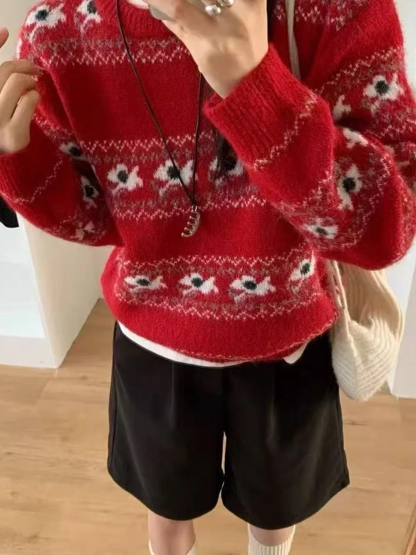 Korean Sle Fair Isle Knitted Sweater Women's Lazy Sle Overhead College Sle Trendy Flower Embroidery Polyester Fiber