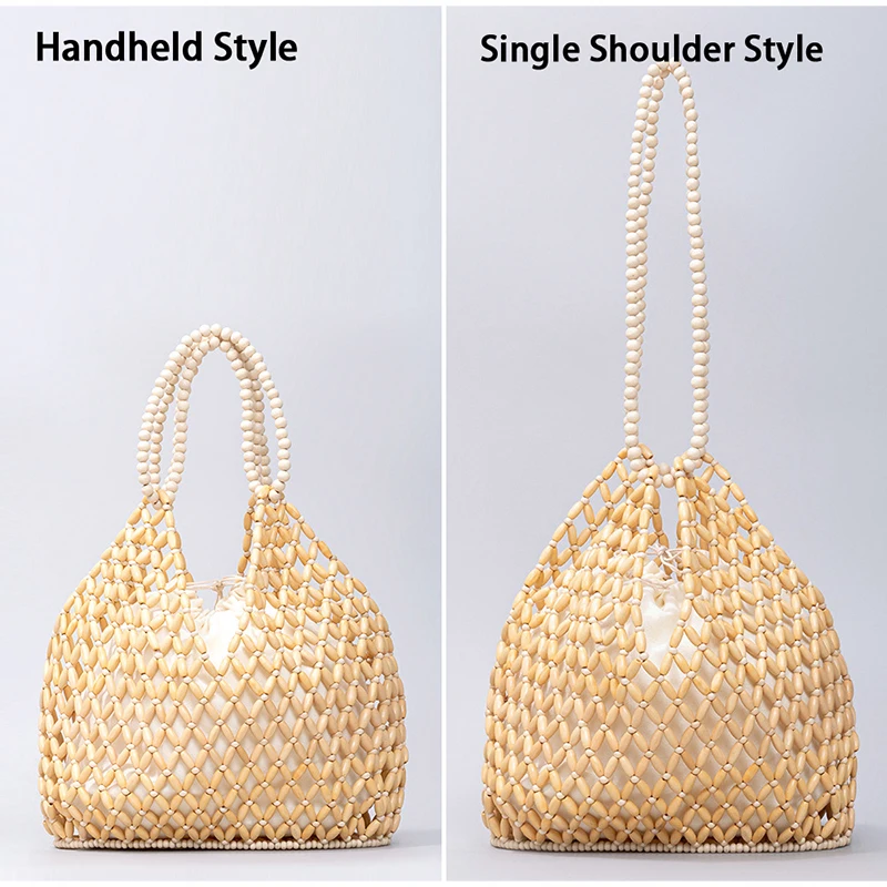 Ahornholz-Perlen-Handtasche, Damen Große Kapazität Hohle Strand-Urlaubstasche, Sommerliche Lässige Schicke Handgewebte Tragetasche – Detail 3