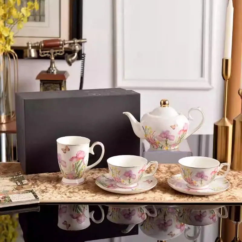 

Bone China Coffee Set Camellia Style British Porcelain Tea Set Ceramic Pot Creamer Sugar Bowl Teatime Teapot Coffee Cup Mug Coff