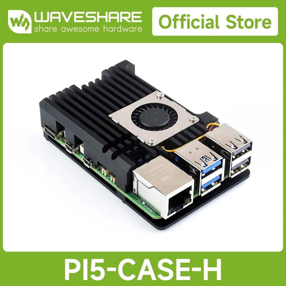 

Waveshare Aluminium Alloy Case (H) for Raspberry Pi 5, With Temperature-Controlled Blower Cooler Fan for Raspberry Pi 5