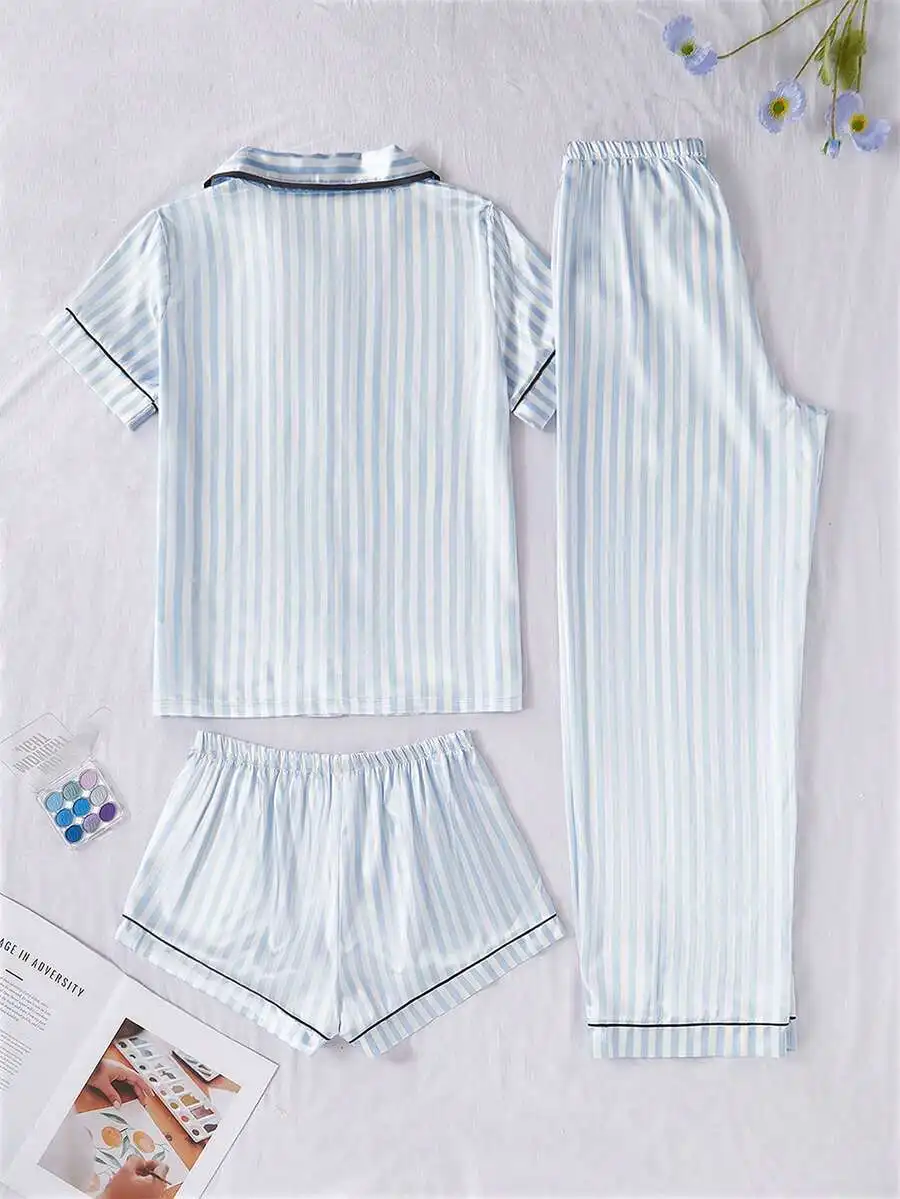 

3-Piece Women Striped Pajama Set With Short Sleeve Top And Shorts/Pants For Spring Summer Autumn