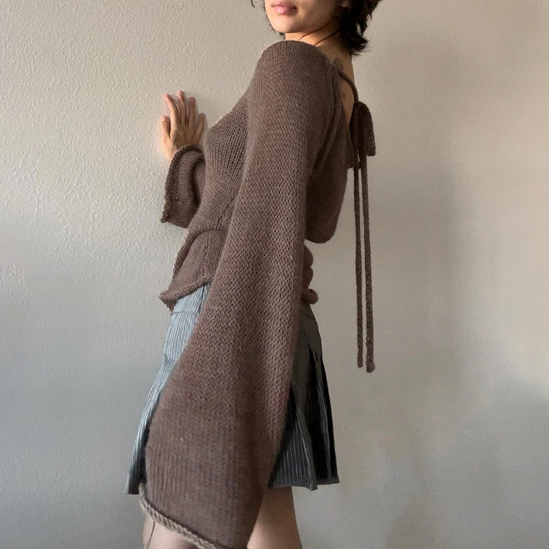 Rapcopter Solid Backless Sweaters y2k Vintage Solid Baggy Smock Top Autumn Winter Flare Full Sleeve Jumpers Knitwear Aesthetic