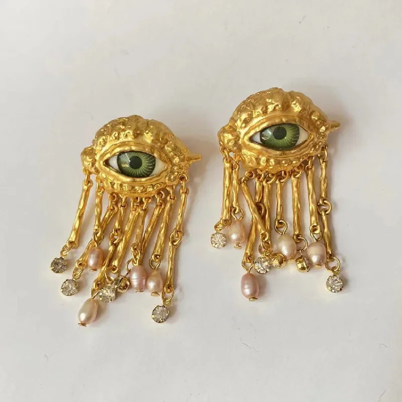 Women's Vintage Eye Earring Exaggerated Trendy Earrings Baroque Style Real Pearl Jewellery Delicate Tassels Jewelry