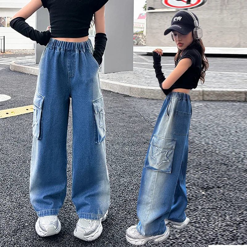 Girls Five-pointed Gradient Overalls Jeans Spring Teenagers Childen American Straight Leg Loose Wide-leg Pants Kids Trousers