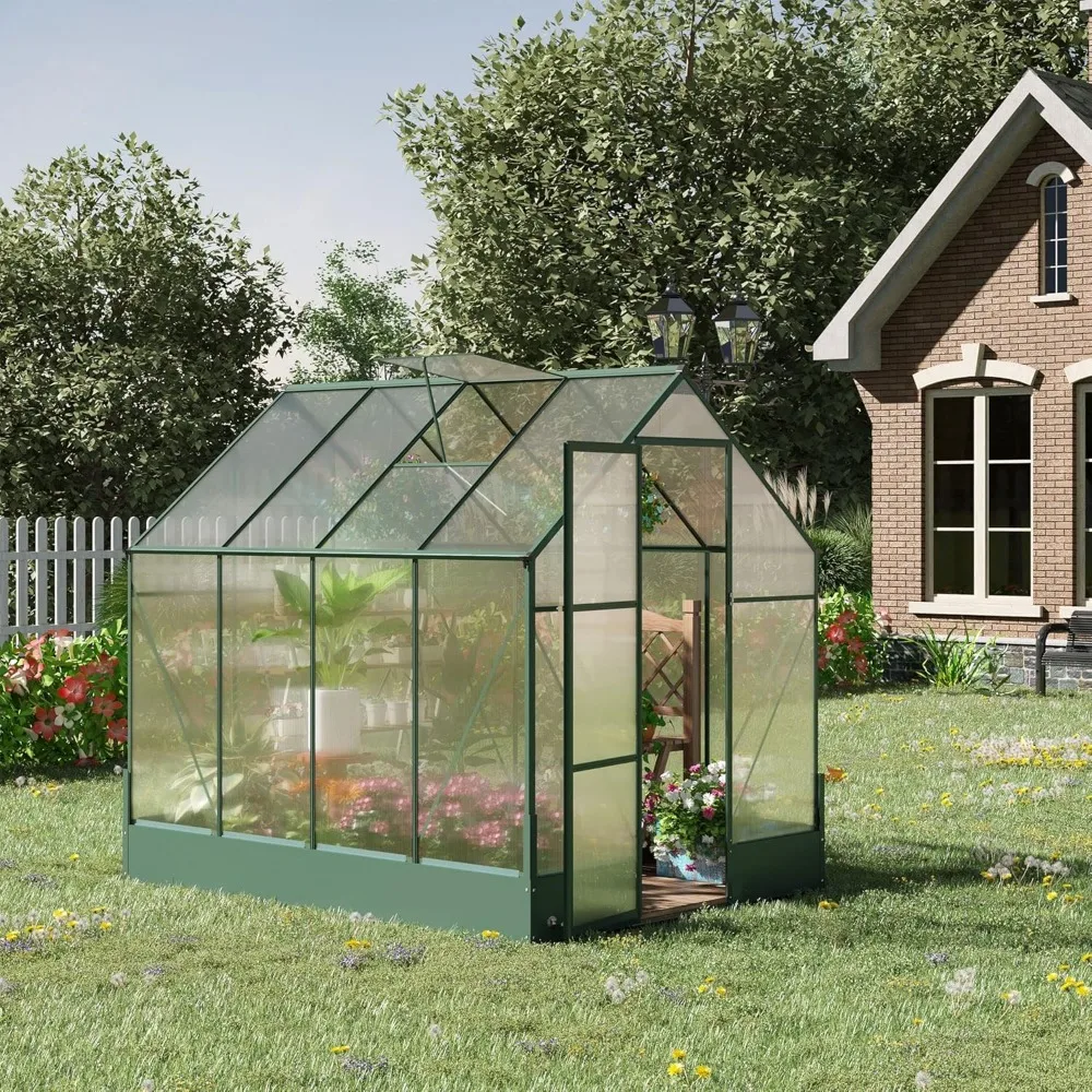 

8' X 6' Outdoor Greenhouse, Made of Polycarbonate, with Roof Vents and Rain Gutters, Aluminum Walk-in Greenhouse