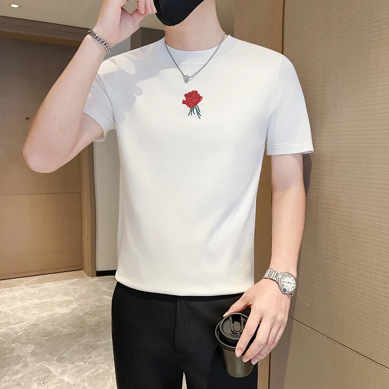 

Black/White/Khaki Autumn Winter Knitted Short Sleeve Sweater Men Clothing 2025 O-Neck Slim Fit Casual Pullovers Men's Sweaters