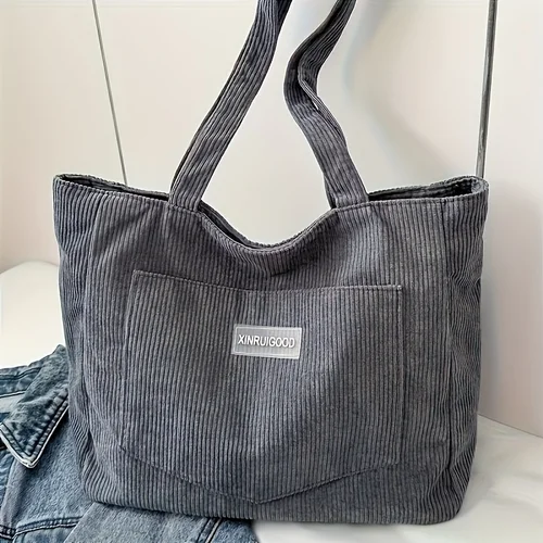 Imagen 2 del producto Bolso de hombro de pana para mujer, bolso de mano de gran capacidad con correas fijas, lavable a máquina, forro de poliéster, bolso de mano para mujer