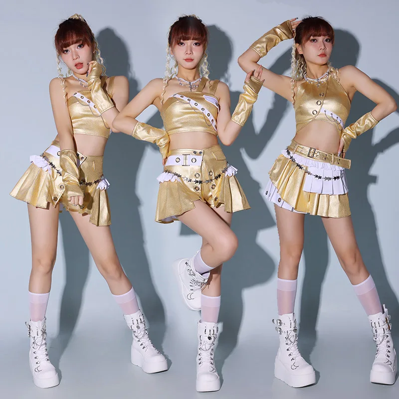 

Gold Metallic Crop Top Skirt set Cheerleader Uniform Kpop Idol Stage Outfit Rave Festival Performance Wear 2026 Jazz Show