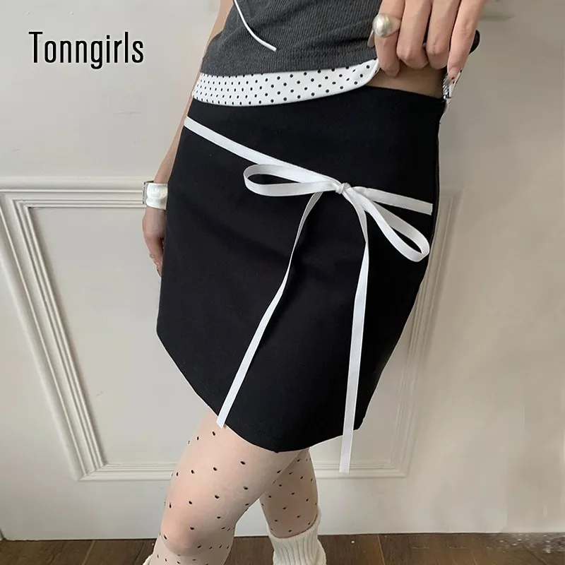 

Tonngirls Y2k Vintage Skirts Women Bow High Waist A-line Skirt Streetwear 2000s Japanese Summer Korean Style Skirt Fashion