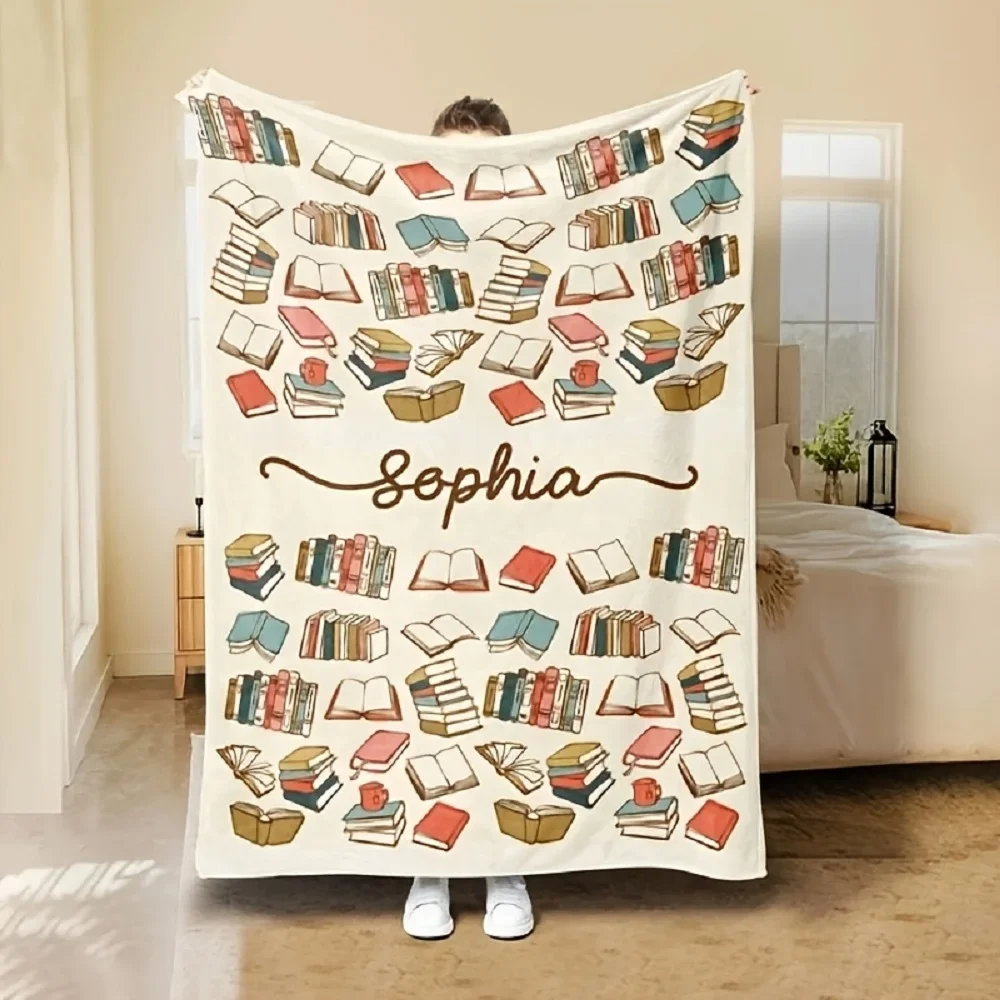 Personalized Custom Name Book-Themed Blanket Book List, Book Spine Cover Print All-Season Soft for Adults Gift for Book Lovers