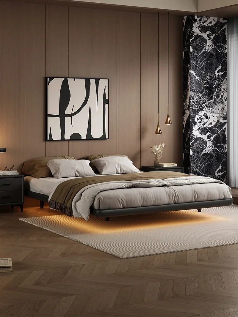 Italian no bedside suspended bed Internet celebrity tatami modern simple leather bed retro 1 meter 8 double bed