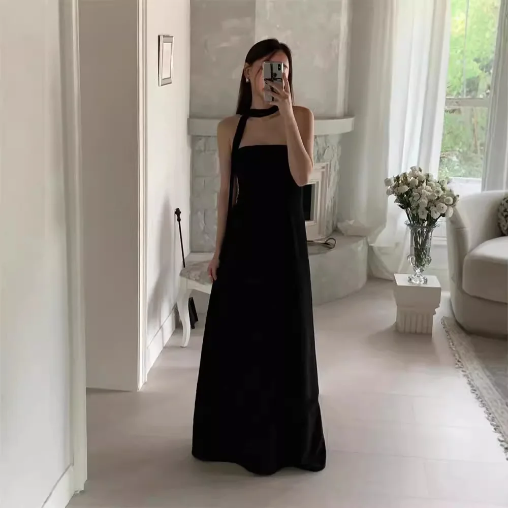 

Elegant Black Evening Dresses for Women Sexy Strapless Satin Wedding Dresses Floor-length A-line Simple Bridal Dress Customized