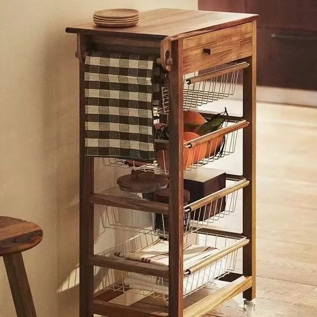 

Household kitchen four-layer movable vegetable and fruit shelves, iron and wood combined with floor-to-ceiling snack