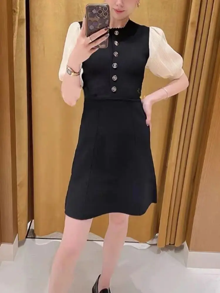 

Women Knitted Dress Color Contrast Puff Sleeve Round Neck Single Breasted Elegant Slim Mini Robe