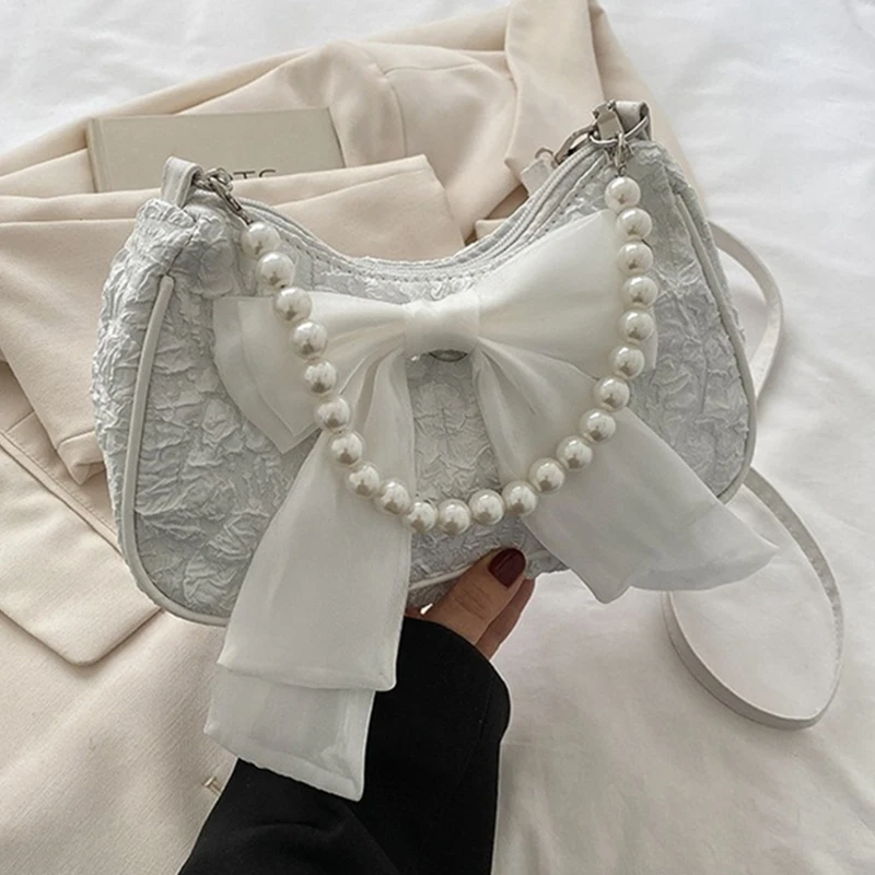

White Folds Pearl Female Bag Retro Luxury Designer Handbag Bow Crossbody Bags Fashion Y2K Vintage Women's Shoulder Bag Purses