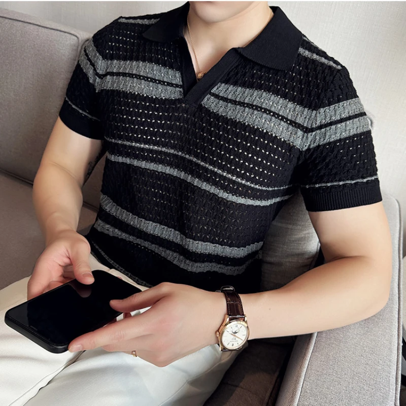 Mens Polo Shirts Korean Luxury Clothing Summer Short Sleeve Hollow Out Knit Polo Shirt Men Turn Down Collar Slim Fit Tops&Tees