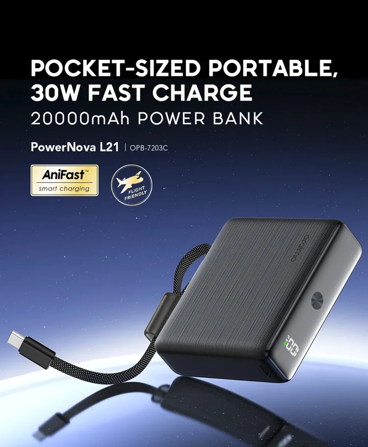 oraimo PowerNova L21 20000mAh Power Bank 30W Fast Charging Portable Charger with Built-in USB-C Cable Compact External Battery f