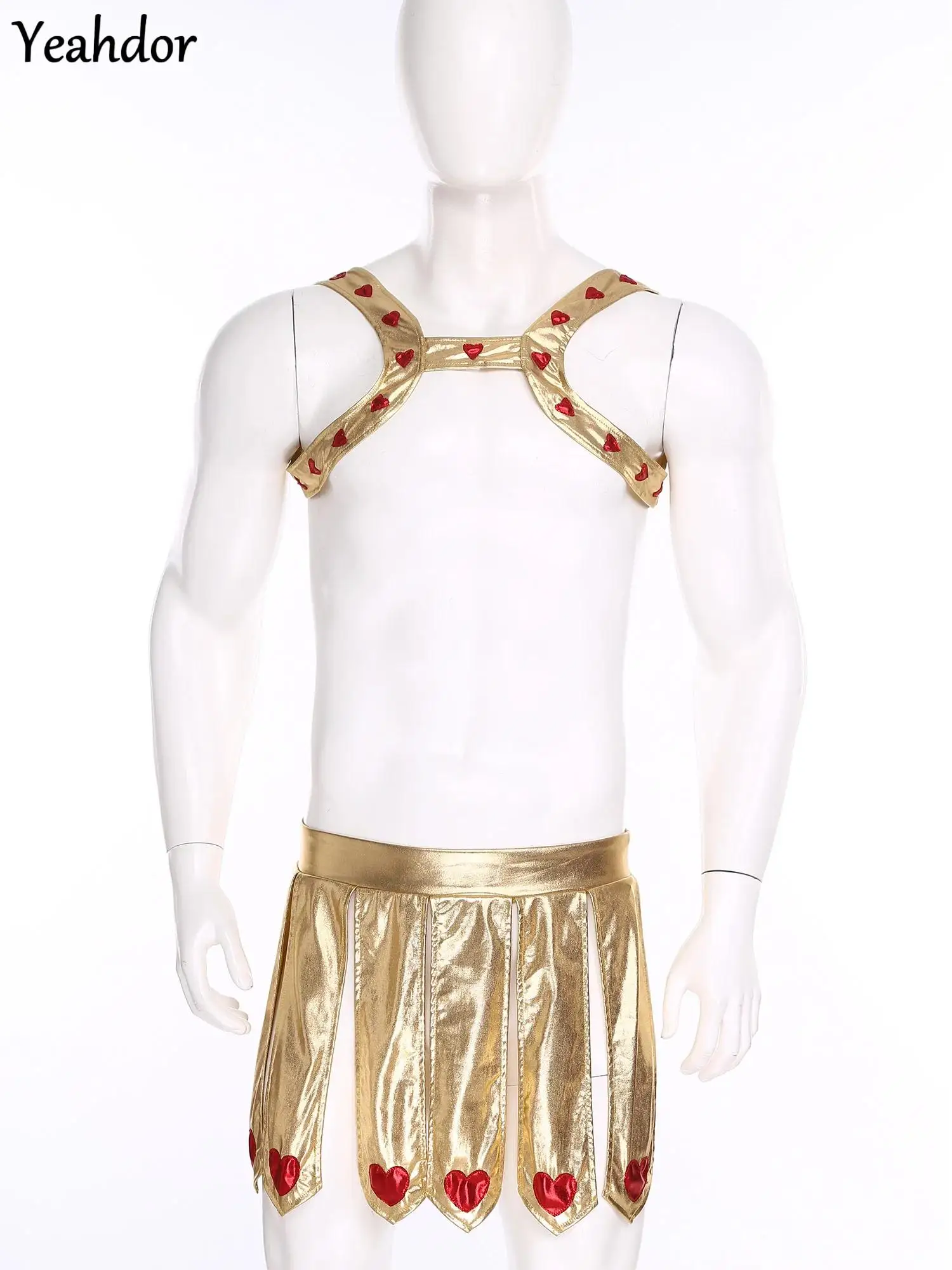 

Mens Halloween Fancy Cupid Cosplay Costume Metallic Shiny Heart-embellished Chest Harness And Slit Skirt Ancient Greek Roman Wea