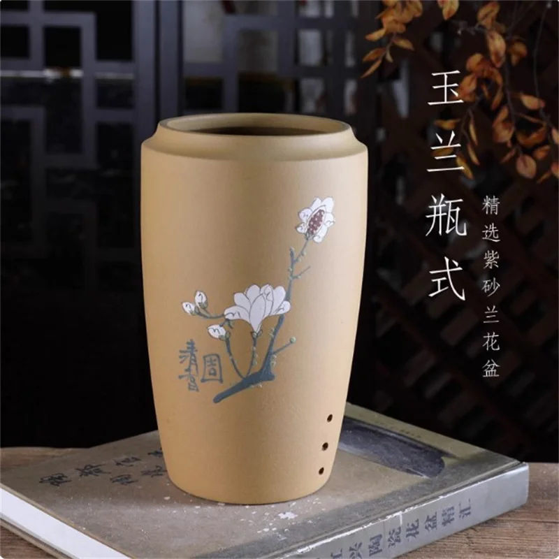 Ceramic Bonsai Pot,Ceramic Cymbidium Plant Pot, Cylinder Shape, Traditional Chinese Flower Vase, Garden Decoration