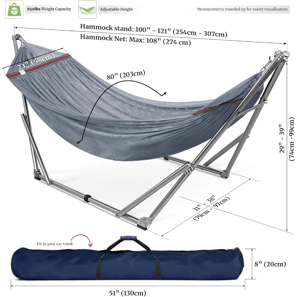 Double Hammock with Stand 650lb Capacity Double Hammock with Spreader Bar, Solid Grade 201 Stainless Steel 30s Set Up, Sturdy F