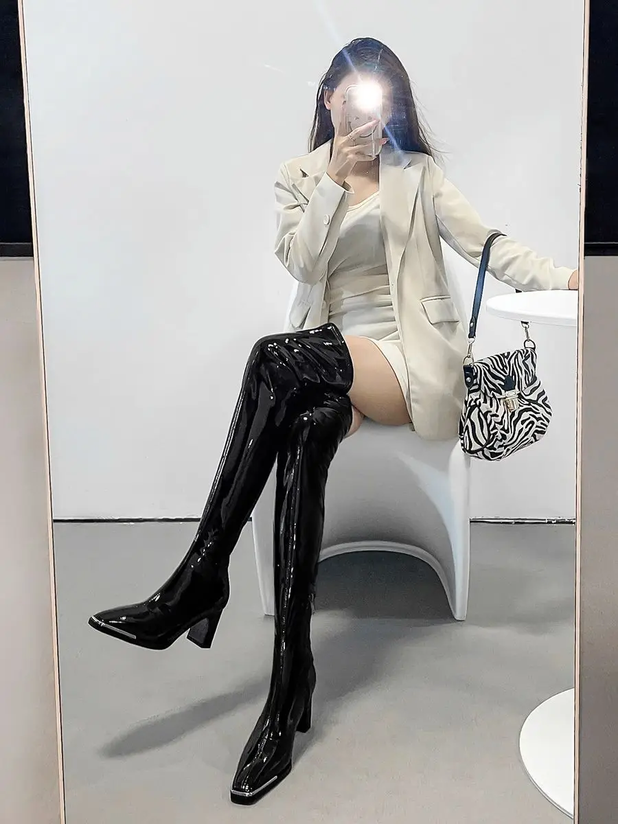 

Women's Black Patent Leather Over The Knee High Heel Boots Autumn Winter Slimming Square Toe Chunky Heel Leather Calf Boots