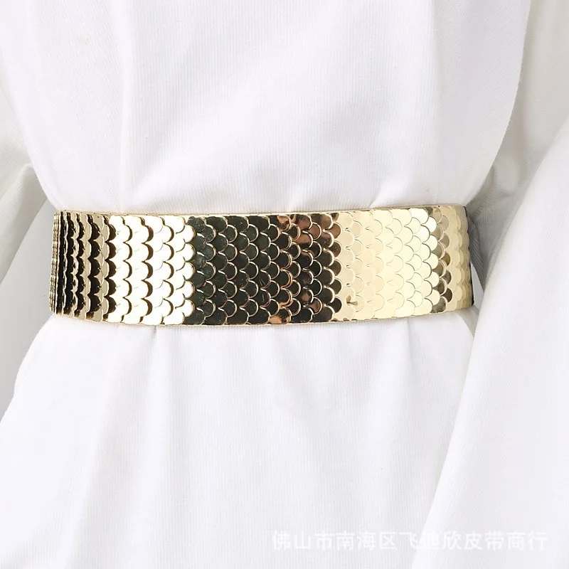 Wide elastic belt women gold metal fish skin keeper brand belts for Women clothes decoration girdle