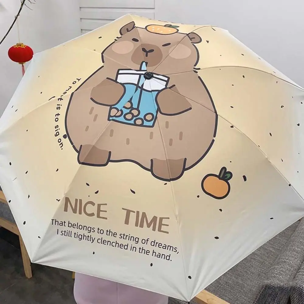 Anti-UV Capybara Automatic Umbrella Mini Letter Print Cartoon Folding Sun Umbrella Waterproof Lightweight