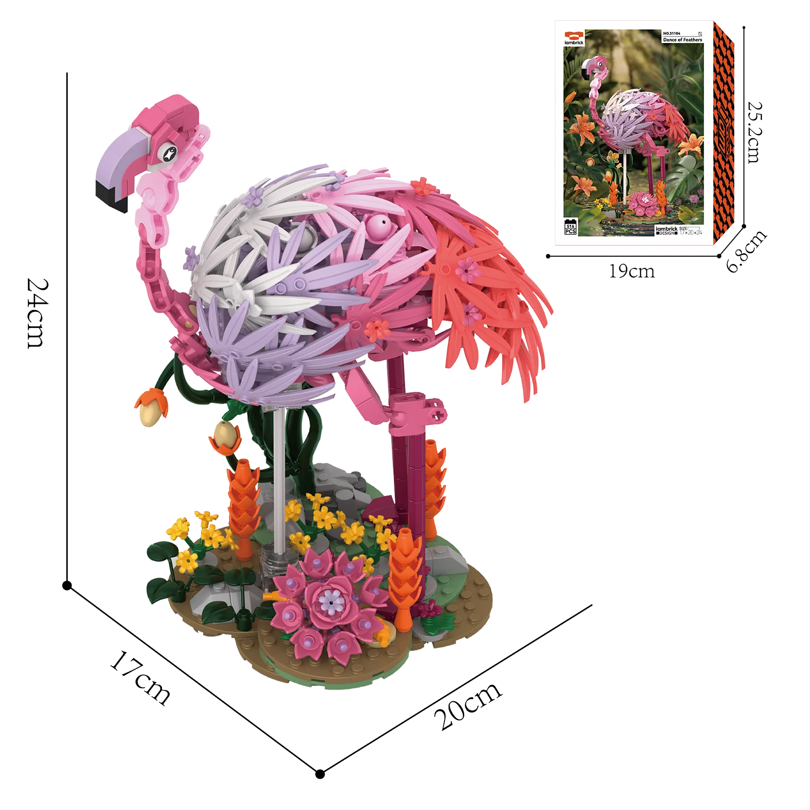 Micro blocs de construction de danse en plumes de feu, 31104, 516 pièces, assemblage de fleurs, plantes, série d'animaux, modèle flamant rose, décoration de maison, cadeau pour enfants