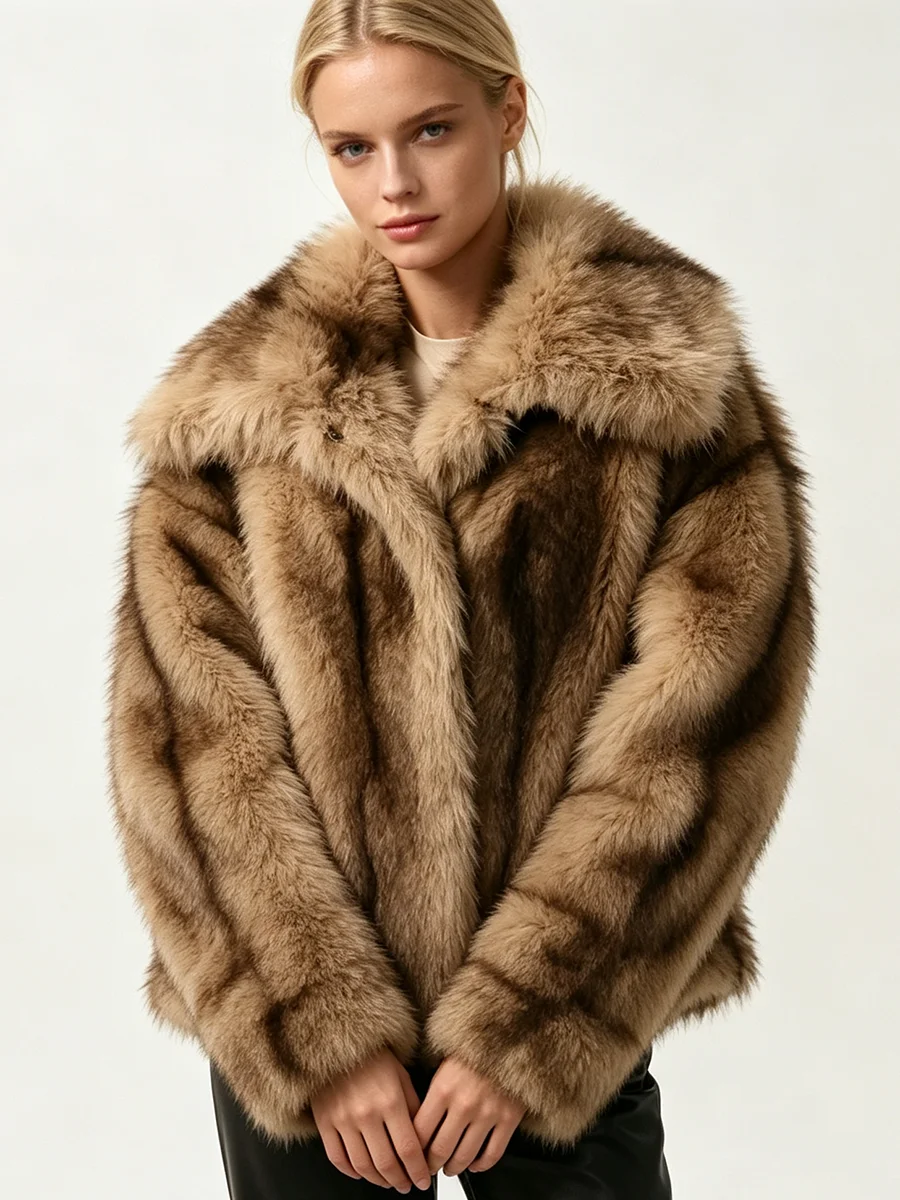 PUAL  Oversized Women Short Faux Fur Coat, Large Lapel Collar Warm Fluffy Winter Street Outerwear