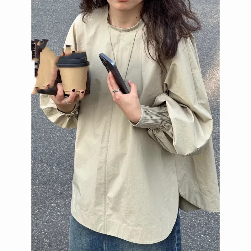 

Women Round Neck Smocked Cuff Blouse Oversized Long Sleeve Casual Loose Top