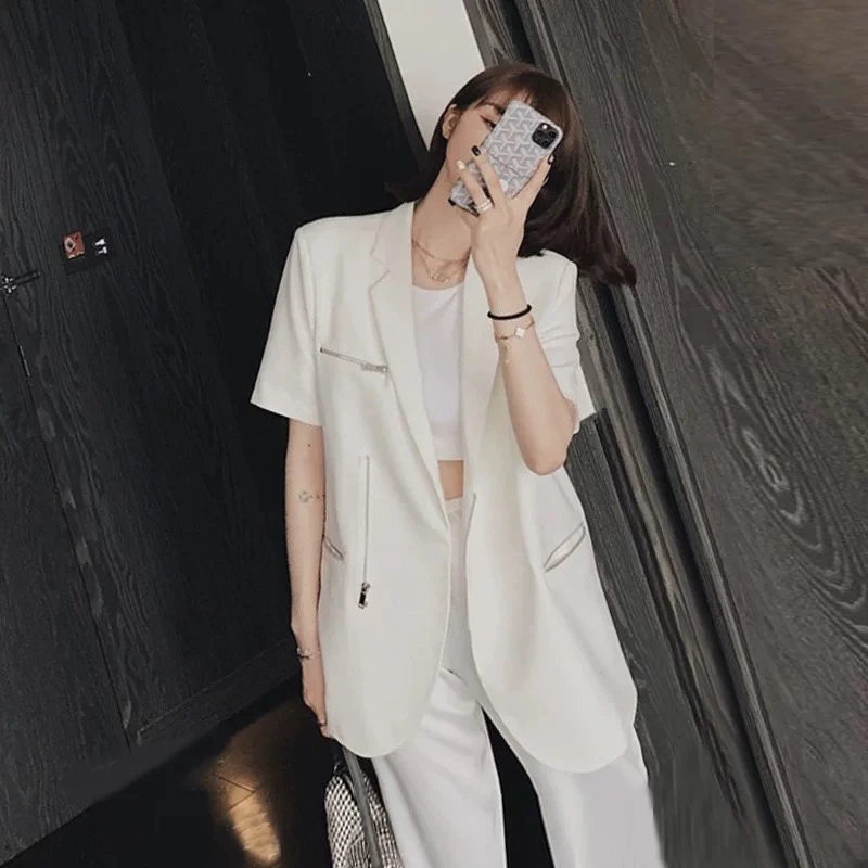 

Slimming Effect Korean Sle Summer New Faionable Versatile Women's ort Sve Zipper Suit Jaet Loose Fit Trendy Top