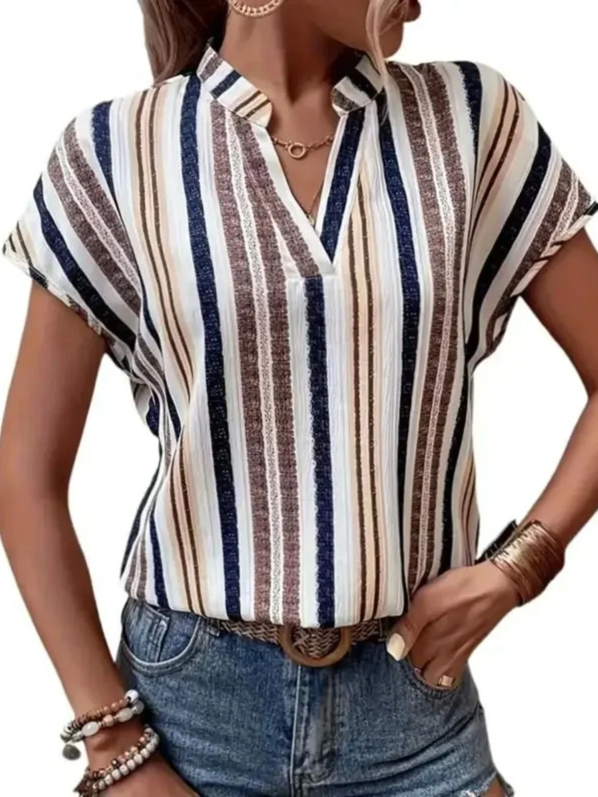 Casual V-ne Batwing Sve irt Women's Printed Loose Fit ort Sve Street Sle Regular Length irt TING