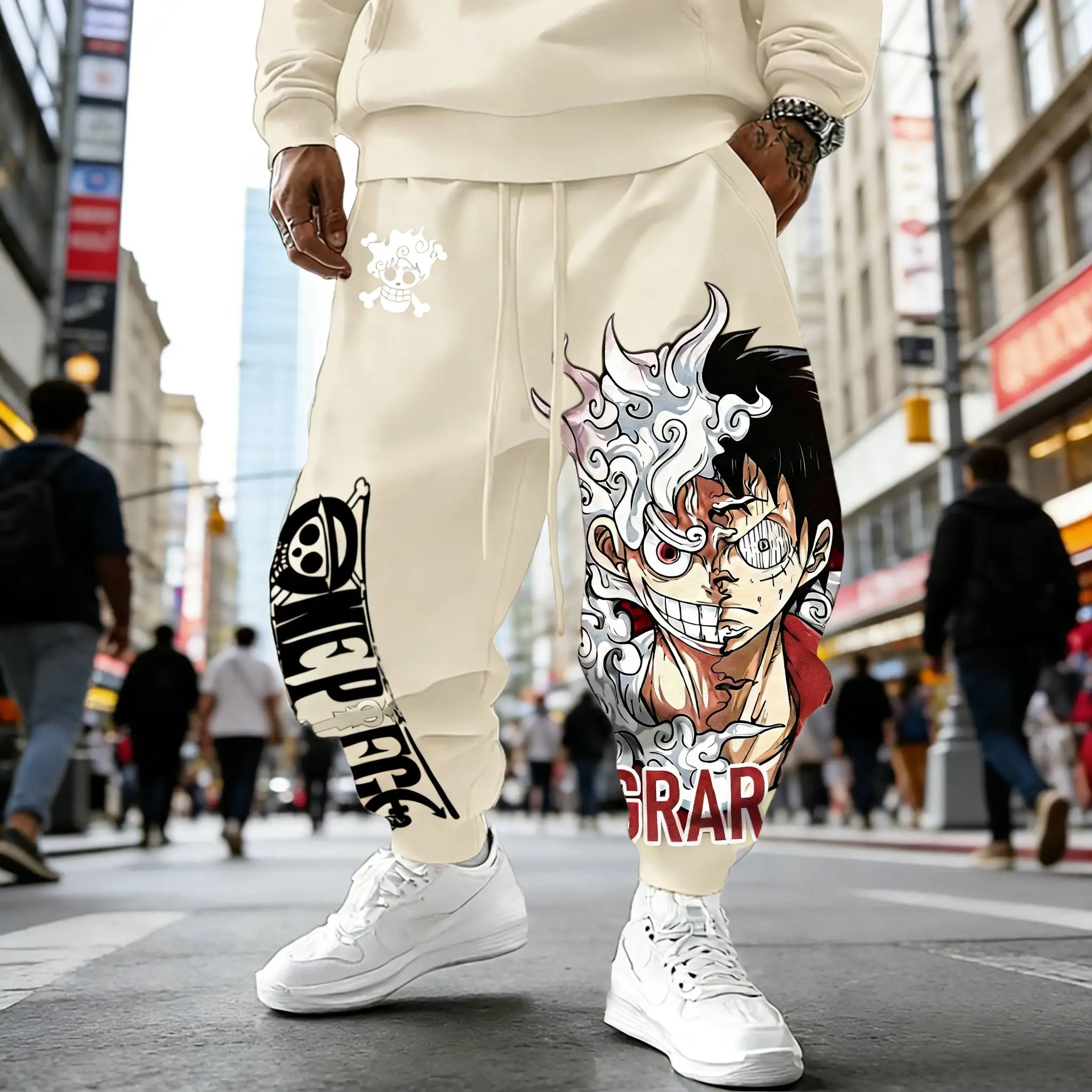 طقم سراويل لوفي بغطاء للرأس من قطعة واحدة مكون من قطعتين ملابس شارع كاجوال للرجال مع طباعة شخصية على الظهر والأكمام بدلة رياضية قطنية فضفاضة #4