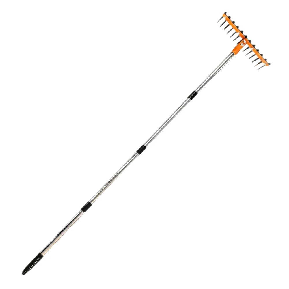62 Inch Wide Rake Head Garden Tool with 14 Tempered Steel Tines for Leveling Soil Spreading Mulch and Clearing Debris