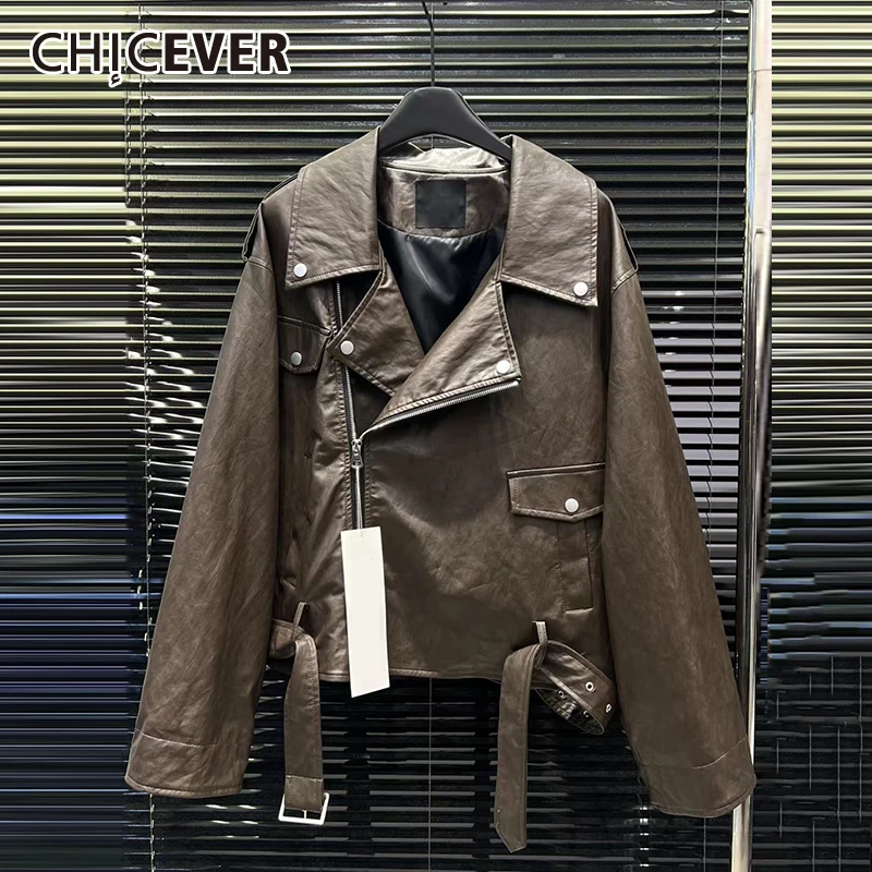 CHICEVER Fashion Faux Leather Short Jacket Foe Women Lapel Splice Zipper Lace Up Motorcycle Vintage Jacket Female Autumn Clothes