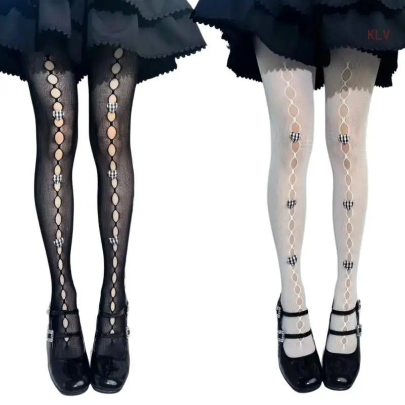 

Women Japanese JK Sheer Mesh Pantyhose Stockings Hollow Out Hole Sweet 3D Heart Bowknot Fishnet Tights Leggings Hosiery