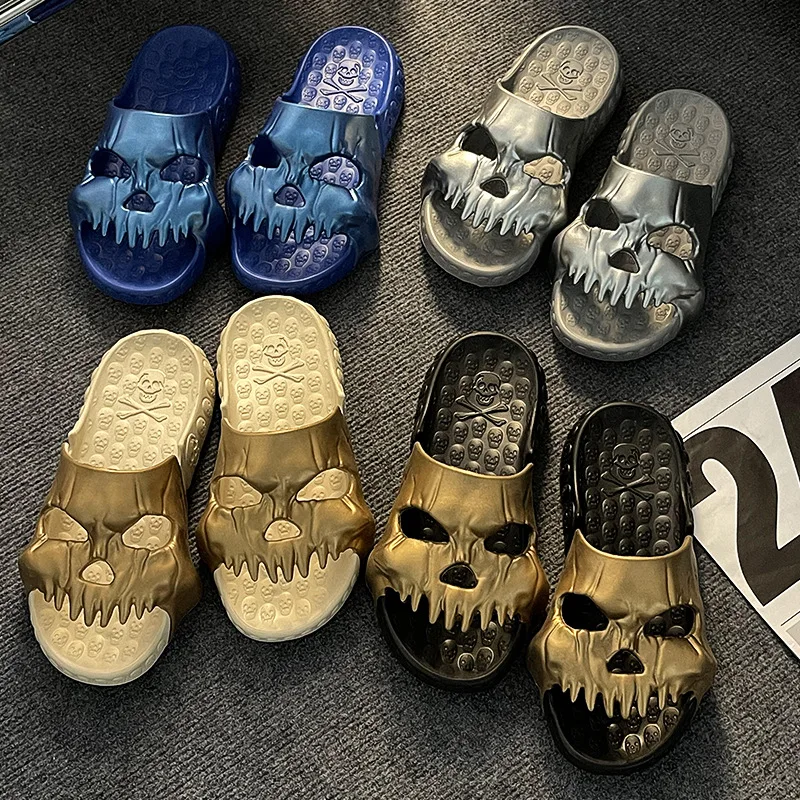 Zapatillas con diseño de calavera personalizadas para hombre y mujer, sandalias antideslizantes de playa con fondo grueso, divertidas, para verano,