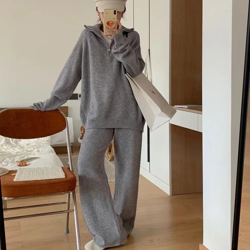 Autumn and Winter New Lapel Knitting Suit Women Loose Solid Sweater Wide-leg Pants Casual Two Piece Sets Womens Outifits