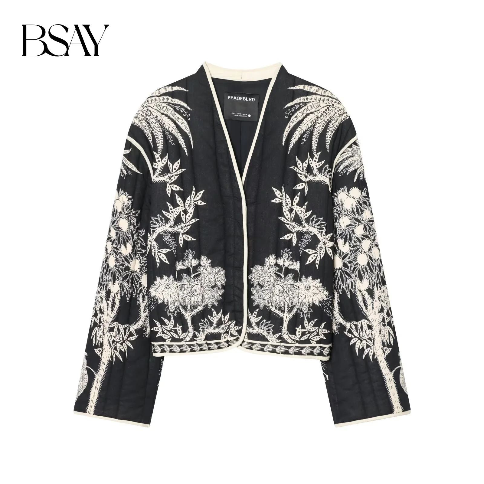 

BSAY стеганая куртка с принтом для женщин, модная осенне-зимняя новая черная короткая куртка с длинным рукавом и v-образным вырезом на скрытой пуговице, пальто