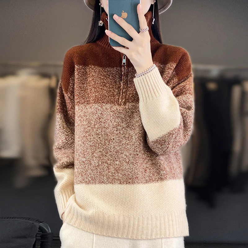 Autumn/Winter Women's Lapel Zipper Jumper Clothing 100% Merino Wool Knitted Color Block Top Fashion Korean Luxury Sweater